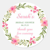 モダン ピンク フローラル ブライダル シャワー サンクス ラウンドシール (正面)