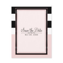 モダン ピンク ブラック＆ホワイト ストライプ Save the Date