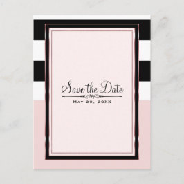 モダン ピンク ブラック&ホワイト ストライプ Save the Date 案内ポストカード