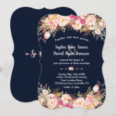モダン ピンク ブラッシュ フローラル ネイビー ブルー ウェディング 招待状 (正面/裏面)