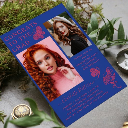 モダン ピンク ブルー バタフライ フォト 卒業パーティー 招待状