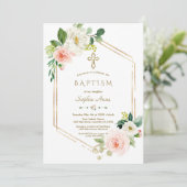 モダン ピンク ホワイト フラワーズ ブルーム ゴールド クロス 洗礼 招待状 (スタンド正面)