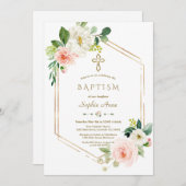 モダン ピンク ホワイト フラワーズ ブルーム ゴールド クロス 洗礼 招待状 (正面/裏面)
