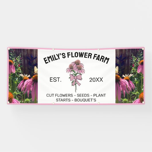 モダン ピンク & ホワイト 2 フォト フラワー ファーム 横断幕 (横)