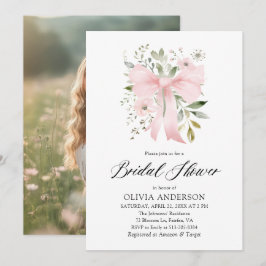 モダン ピンク ボウ フローラル ラブ イン ブルーム ブライダル シャワー 招待状