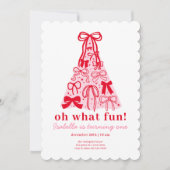 モダン ピンク レッド ツリー ボウ ファースト バースデー 招待状 (正面)