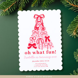 モダン ピンク レッド ツリー ボウ ファースト バースデー 招待状