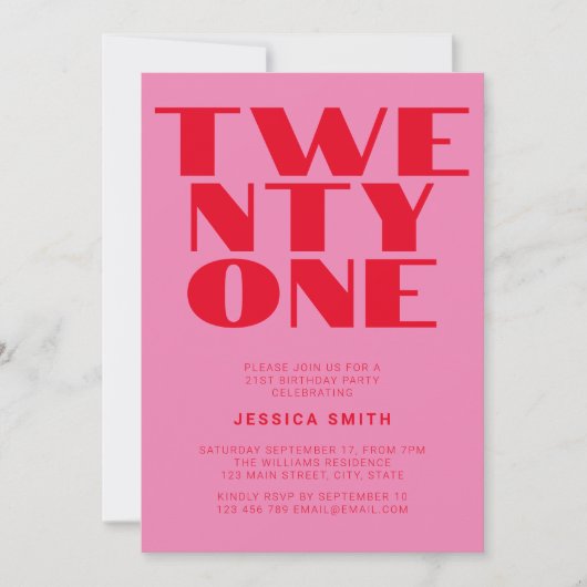 モダン ピンク レッド ボールド 21歳の誕生日 招待状 (正面)