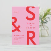 モダン ピンク レッド モノグラム ウェディング 招待状 (スタンド正面)