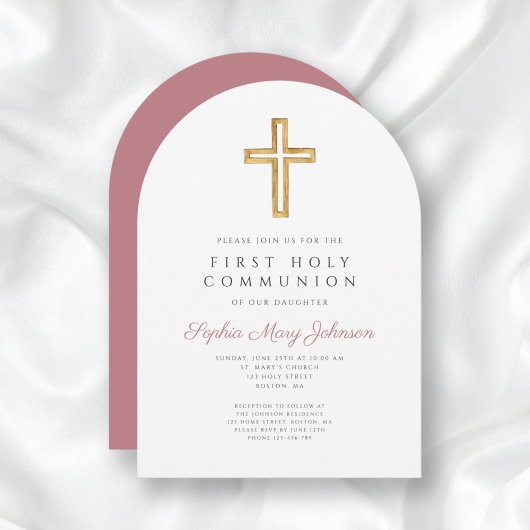 モダン ピンク 十字架 ガール ファースト コミュニオン アーチ 招待状