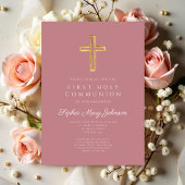 モダン ピンク 十字架 宗教的少女 初領聖体 招待状