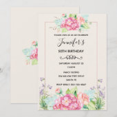 モダン ピンク 水彩 フラワー ブーケ 誕生日 招待状 (正面/裏面)