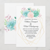 モダン ピンク & 緑 水彩 多肉植物 ウェディング 招待状 (正面/裏面)