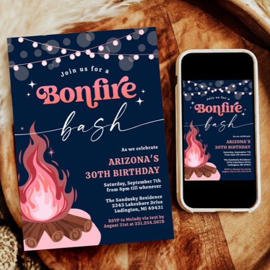 モダン ピーチ ピンクの焚き火 招待状, 焚き火 バッシュ 招待状