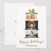 モダン ファミリー フォト ゴールド リボン ギフト ハッピー ホリデー シーズンカード (正面/裏面)