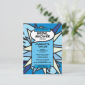 モダン ファン ブライズ シャワー コミック ブック ブルー インビテーションポストカード (スタンド正面)