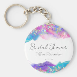 モダン ファン レインボー アルコール インク ゴールド グリッター キーホルダー