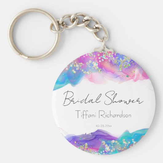 モダン ファン レインボー アルコール インク ゴールド グリッター キーホルダー (正面)