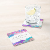 モダン ファン レインボー アルコール インク ゴールド グリッター スクエアペーパーコースター (インサイチュ)