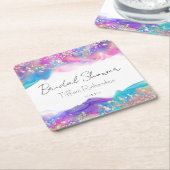 モダン ファン レインボー アルコール インク ゴールド グリッター スクエアペーパーコースター (アングル)