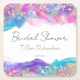 モダン ファン レインボー アルコール インク ゴールド グリッター スクエアペーパーコースター