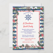 モダン フェスティブ ブルー ストライプ クリスマス ヨット パーティー 招待状 (正面)