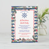 モダン フェスティブ ブルー ストライプ クリスマス ヨット パーティー 招待状 (スタンド正面)