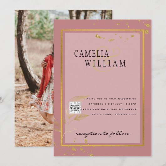 モダン フォト ウェディング インビテーション QRコード RSVP ダスティーローズ (正面/裏面)