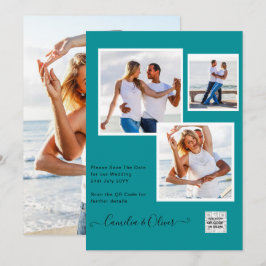 モダン フォト ウェディング インビテ QRコード RSVP ティール 招待状