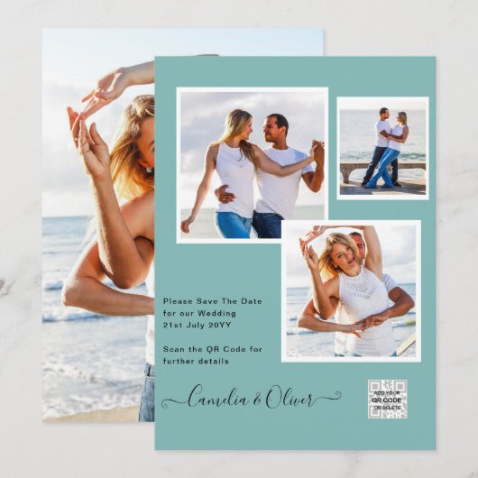 モダン フォト ウェディング インビテ QRコード RSVP ティール 招待状 (正面/裏面)