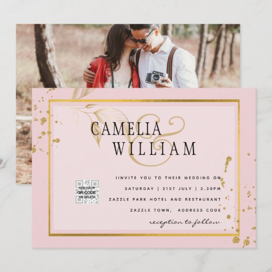 モダン フォト ウェディング インビテ QRコード RSVP ブラッシュピンク (正面/裏面)