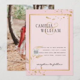 モダン フォト ウェディング インビテ QRコード RSVP ブラッシュピンク 招待状