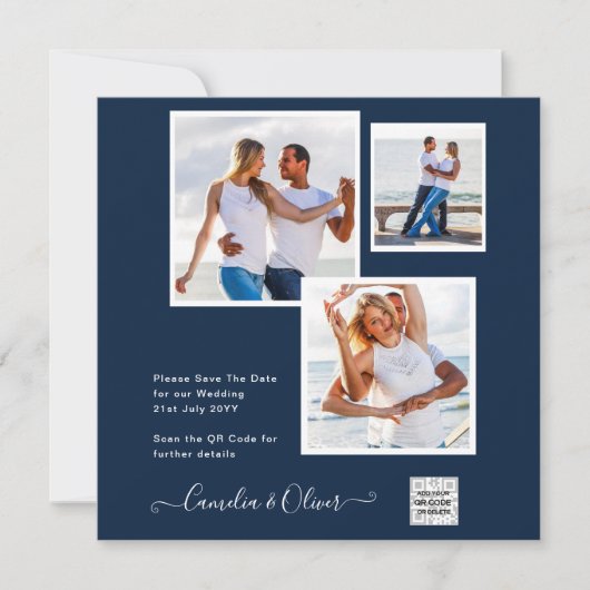 モダン フォト ウェディング インビテ QRコード RSVP ブルー 招待状 (正面)