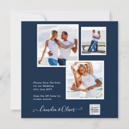 モダン フォト ウェディング インビテ QRコード RSVP ブルー 招待状