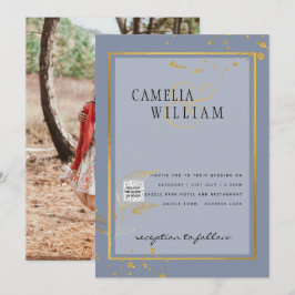 モダン フォト ウェディング インビテ QRコード RSVP ブルー 招待状