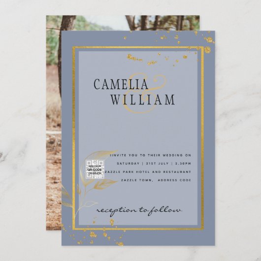 モダン フォト ウェディング インビテ QRコード RSVP ブルー 招待状 (正面/裏面)