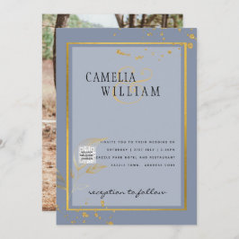 モダン フォト ウェディング インビテ QRコード RSVP ブルー 招待状