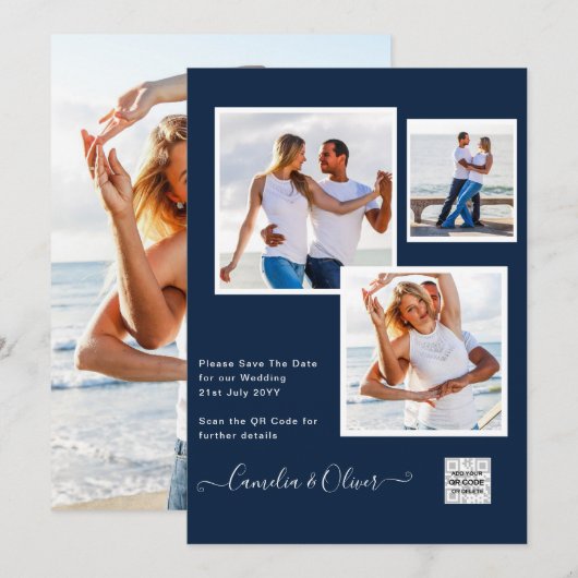 モダン フォト ウェディング インビテ QRコード RSVP ブルー 招待状 (正面/裏面)