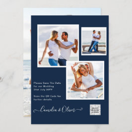 モダン フォト ウェディング インビテ QRコード RSVP ブルー 招待状