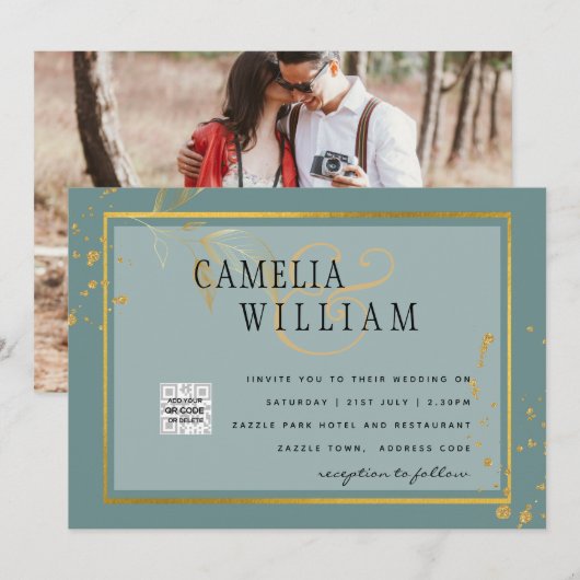 モダン フォト ウェディング インビテ QRコード RSVP 緑 (正面/裏面)