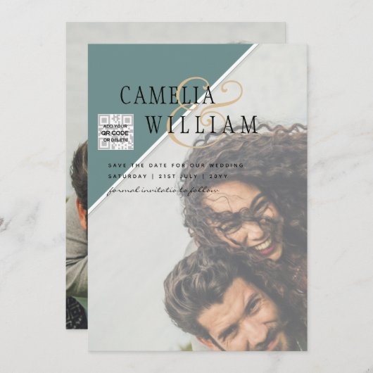 モダン フォト ウェディング インビテ QRコード RSVP 緑 招待状 (正面/裏面)