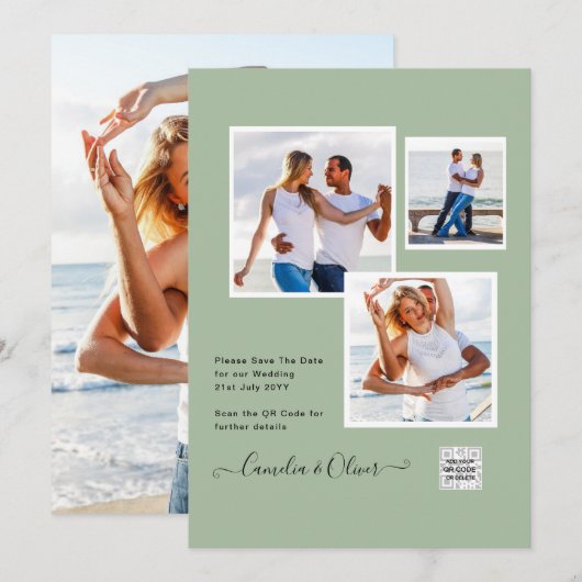 モダン フォト ウェディング インビテ QRコード RSVP 緑 招待状 (正面/裏面)
