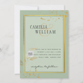 モダン フォト ウェディング インビテ QRコード RSVP 緑 招待状 (正面)