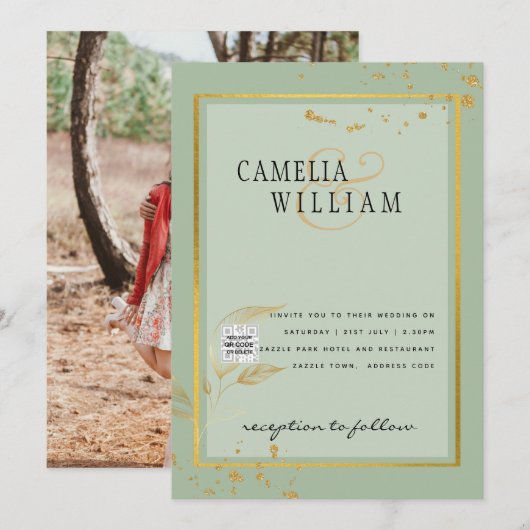 モダン フォト ウェディング インビテ QRコード RSVP 緑 招待状 (正面/裏面)