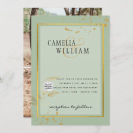 モダン フォト ウェディング インビテ QRコード RSVP 緑 招待状