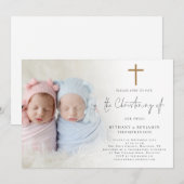 モダン フォト ゴールド クロス ツインズ 洗礼 招待状 (正面/裏面)