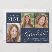 モダン フォト スクリプト ブルー 卒業 案内状 (正面)