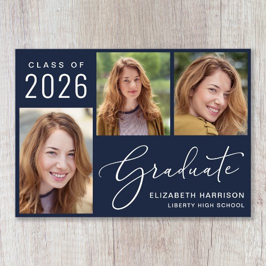 モダン フォト スクリプト ブルー 卒業 案内状