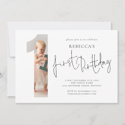 モダン フォト ナンバー ワン シェイプ 1歳の誕生日 招待状 (正面)