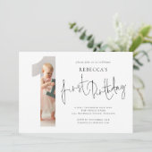 モダン フォト ナンバー ワン シェイプ 1歳の誕生日 招待状 (スタンド正面)